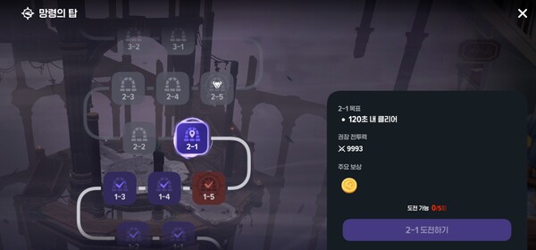 망령의 탑 도전에 앞서 권장 전투력과 목표 등을 확인할 수 있다. ⓒ마비노기 모바일 앱 캡쳐