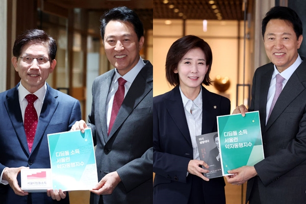 오세훈 서울시장과 국민의힘 소속으로 대선 출마를 선언한 김문수 전 고용노동부 장관이 16일 오전 서울 중구 서울시청에서 조찬 회동을 한 후 기념촬영을 하고 있다.(좌) / 오세훈 서울시장과 대선 출마를 선언한 나경원 국민의힘 의원이 16일 오전 서울 중구 서울시청에서 회동을 마친 후 기념촬영을 하고 있다.(우) ⓒ뉴시스