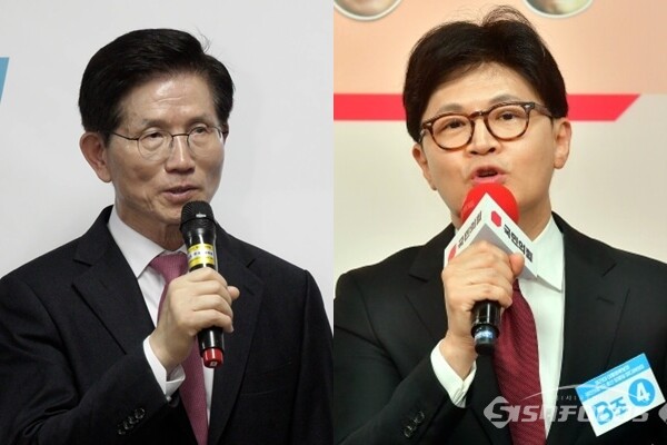 김문수 전 고용노동부 장관이 17일 오후 대선 예비후보 선거캠프 개소식에서 발언하고 있다.(좌) / 한동훈 전 국민의힘 대표가 17일 서울 영등포구 여의도 국민의힘 중앙당사에서 열린 제21대 대통령 선거 ‘1차 경선 토론회 미디어데이’에서 발언하고 있다.(우). 사진 / 이훈 기자(좌), 오훈 기자(우)