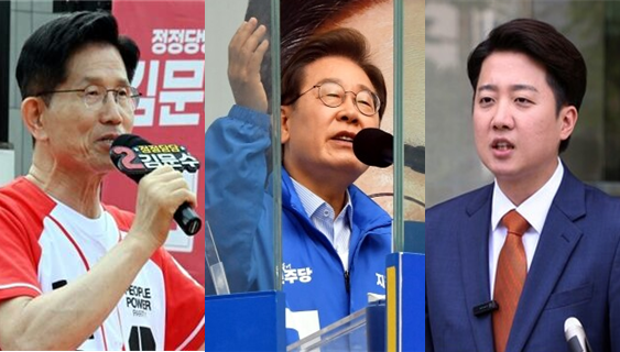 (왼쪽부터) 6·3 대선 선거운동에 나선 김문수 국민의힘 대선 후보, 이재명 더불어민주당 후보, 이준석 개혁신당 후보. 시사포커스DB