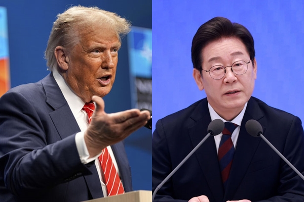 도널드 트럼프 미국 대통령이 6월 25일(현지 시간) 네덜란드 헤이그에서 열린 북대서양조약기구(나토) 정상회의에 참석한 뒤 기자회견하고 있다.(좌) / 이재명 대통령이 3일 청와대 영빈관에서 열린 '대통령의 30일, 언론이 묻고 국민에게 답하다' 기자회견에서 출입기자들 질문에 답변하고 있다.(우) ⓒ뉴시스