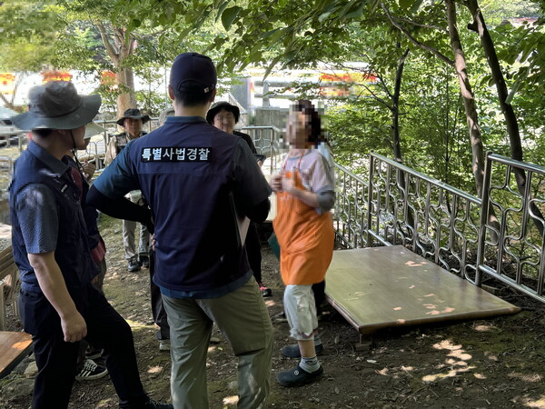 특별사법경찰이 여름 성수기를 맞아 무단 설치된 불법 시설물에 대한 특별단속을 실시하고 있다.ⓒ남부산림청