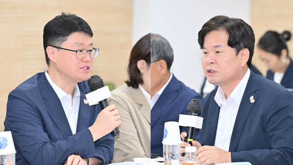 9일 오준혁 대구시 기획조정실장(왼쪽)과 김호진 경북도 기획조정실장이 ‘대구·경북 공동협력 방향과 전략과제 토론회’에서 초광역 SOC와 미래전략산업 분야의 협력 방안을 집중 논의하고 있다.ⓒ경북도