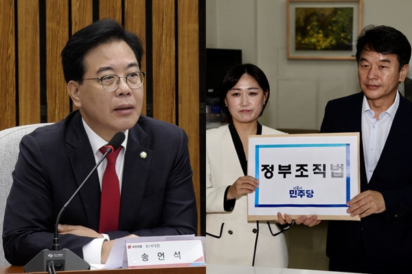 12일 국민의힘 이재명 정부 100일 국정 파탄 실정 토론회에서 발언하고 있는 송언석 원내대표(좌), 문진석 더불어민주당 원내운영수석부대표와 백승아 원내대변인이 12일 오전 서울 여의도 국회 의안과에서 정부조직법 개정안을 제출하고 있다.(우) 사진 / 이훈 기자(좌), ⓒ뉴시스(우)