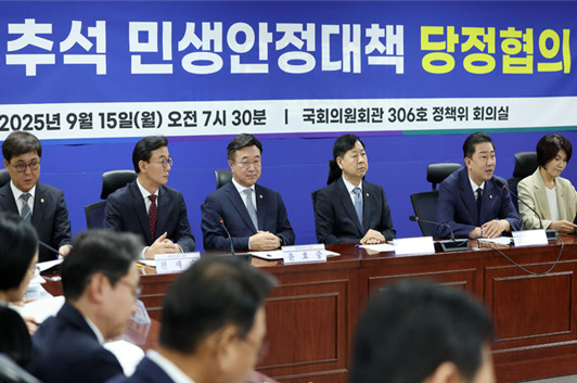 김병기 더불어민주당 원내대표가 15일 서울 여의도 국회에서 열린 '추석 민생안정대책 당정협의'에서 발언하고 있다. ⓒ뉴시스