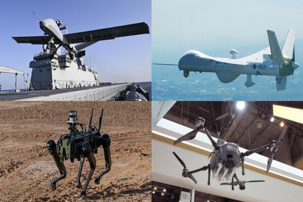 한화에어로스페이스 단거리 이착륙(STOL) 무인기, 한국항공우주 차기 군단급 무인정찰기, LIG넥스원 자회사 고스트로보틱스 Vision 60, 풍산 탄약투하공격 소형 드론(사진 순서 상 좌우, 하 좌우) ⓒ대신증권