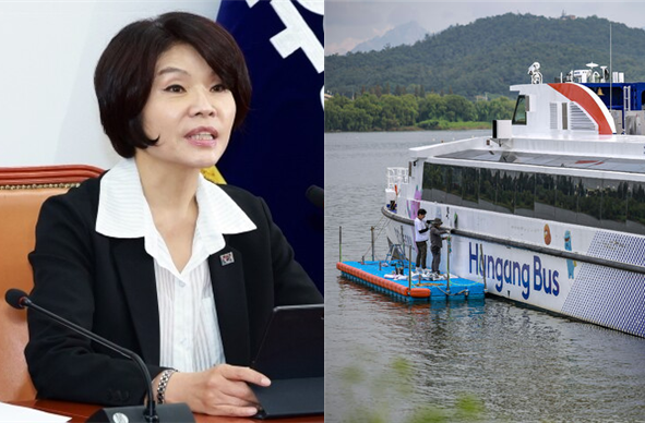 한정애 더불어민주당 정책위의장(좌)과 오세훈 서울시장이 추진한 한강버스 사업(우). 시사포커스DB