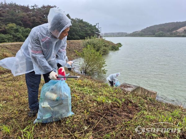 가을비가 내리는 가운데 열심히 휴지를 줍고 있는 주민들 모습. 사진/김인철 기자