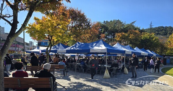 28일 어르신들이 삼삼오오 짝을지어 식전 행사를 즐기고 있다. 사진 / 김진성 기자