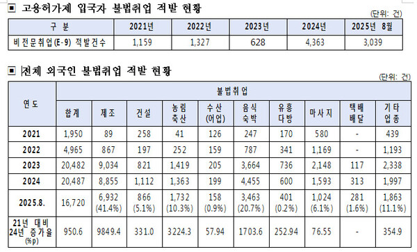 전체 외국인 불법취업 적발 현황 ⓒ안호영 의원실