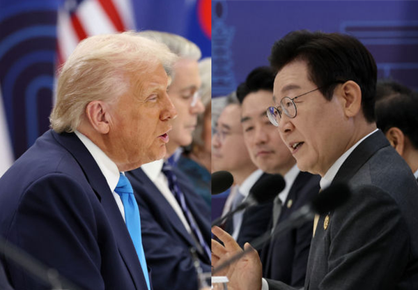 도널드 트럼프 미국 대통령(좌)과 이재명 한국 대통령(우)이 29일 경북 경주에서 두번째 한미정상회담을 진행했다. ⓒ뉴시스