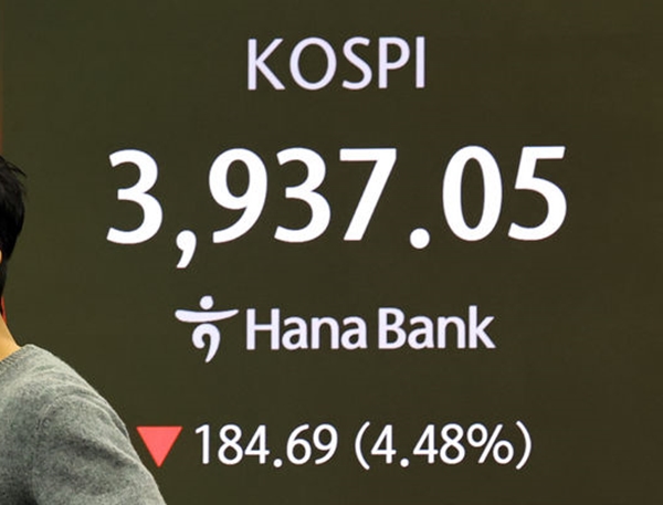 코스피가 전 거래일(4121.74)보다 66.27포인트(1.61%) 내린 4055.47에 개장한 5일 서울 중구 하나은행 딜링룸에 4000 아래 떨어진 코스피 시세가 보이고 있다. ⓒ뉴시스