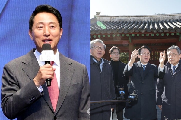 오세훈 서울시장(좌) / 김민석 국무총리(우측 사진 가운데)가 10일 서울 종로구 유네스코 세계문화유산인 종묘를 찾아 최근 서울시의 세운상가 재개발 계획에 따른 영향을 살펴보고 대책을 점검하고 있다. 사진 / 오훈 기자(좌), ⓒ뉴시스(우)