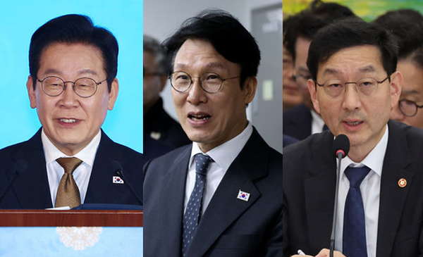 (왼쪽부터) 이재명 대통령, 김민석 국무총리, 헌법존중 정부혁신 총괄 태스크포스 단장 임무를 맡게 된 윤창렬 국무조정실장. ⓒ뉴시스