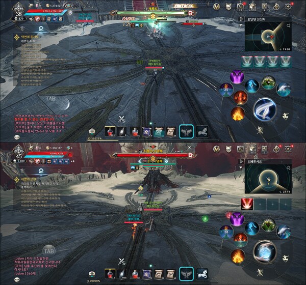 각각 38레벨, 45레벨 즈음 만날 수 있는 게로드(위)와 지켈의 사념체를 처치하고 있는 모습. PC 유저에게도 어려운 축에 속하는 보스다. ⓒ아이온2 앱 캡쳐